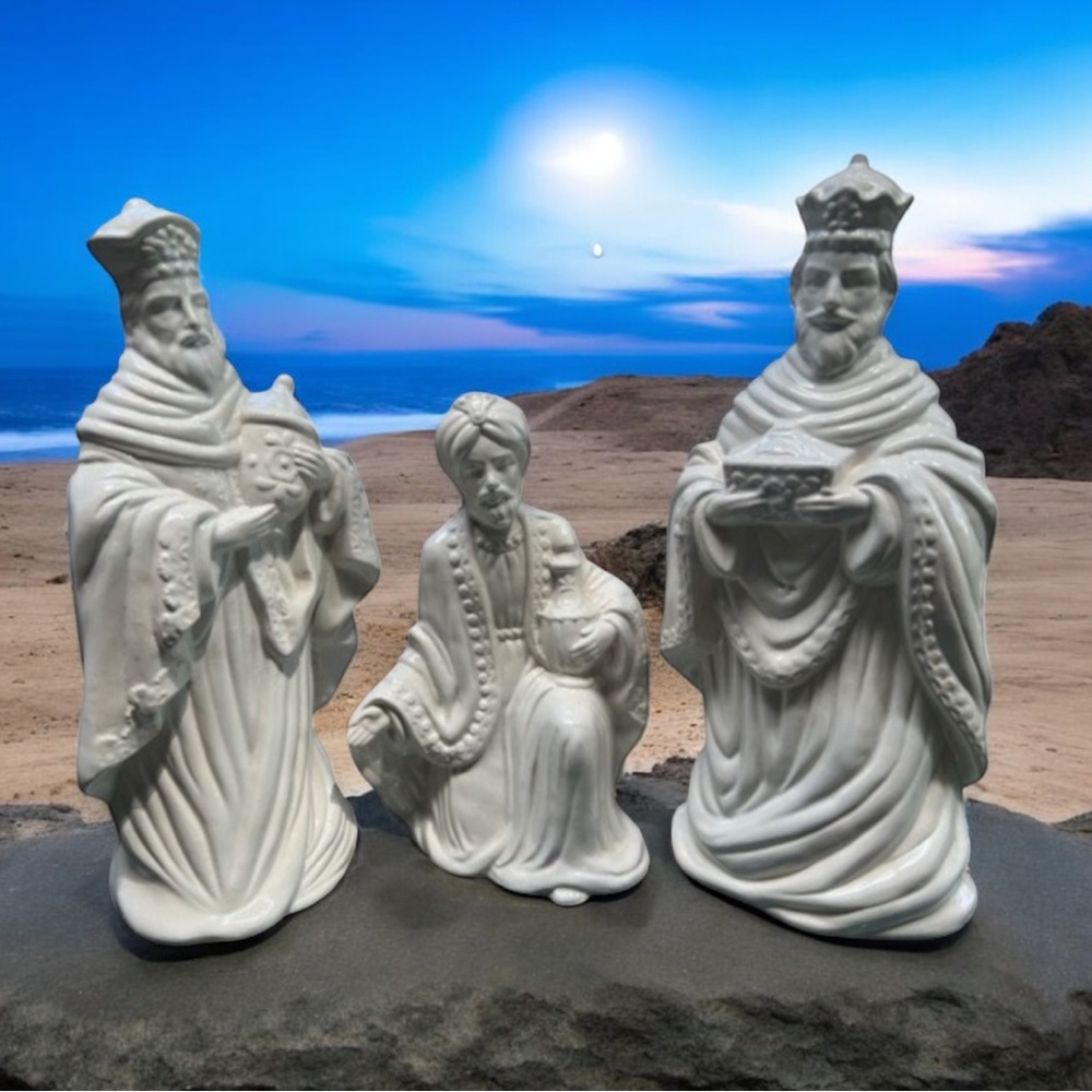 3 Large Ceramic White‎ Kings Nativity Statues Set